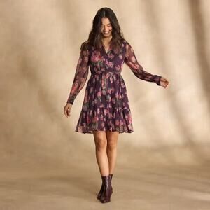Sundance Altenburg Purple Floral Crinkle Tiered Button Front Dress Medium Boho